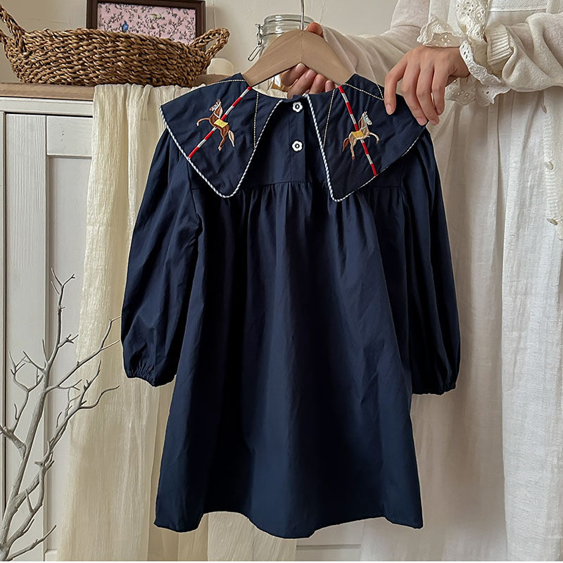 Preppy Style Autumn Girls Horse Embroidery Collar Long Sleeves Dress