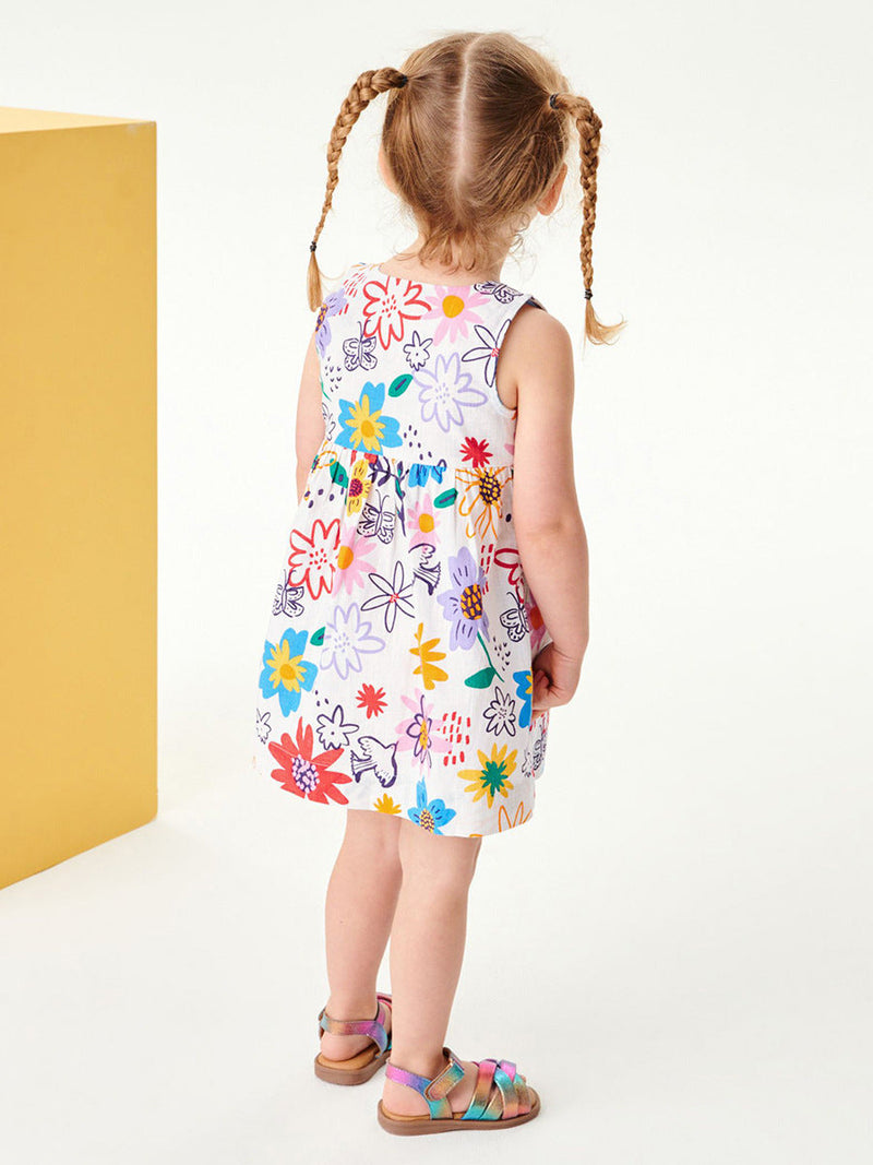 Summer Girls Sleeveless Colorful Floral Pattern Dress