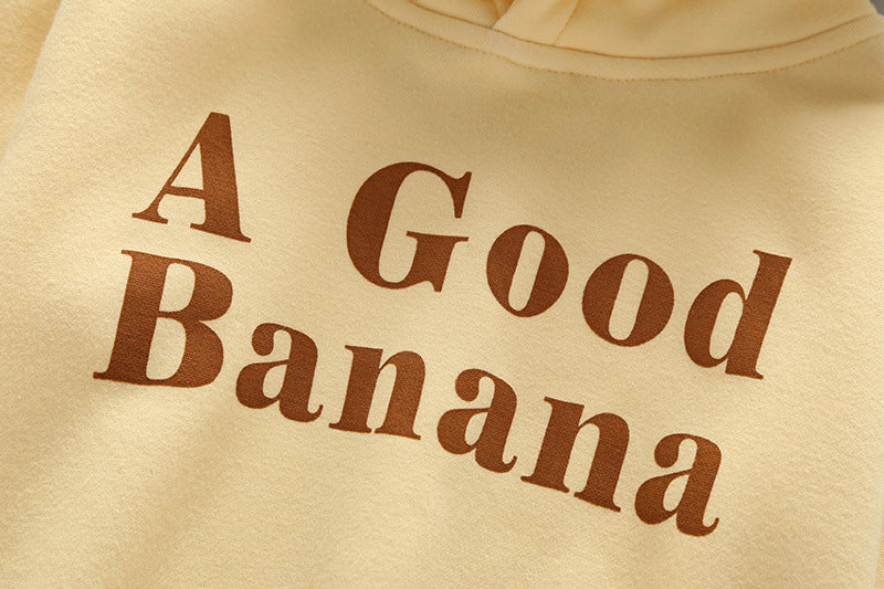 Baby Slogan Print Pattern 3D Banana Patched Hat Long Sleeved Bodysuit Onesies