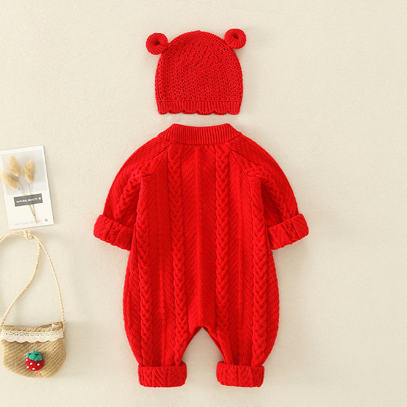 Baby Solid Color Cartoon Embroidered Design Crochet Knit Romper