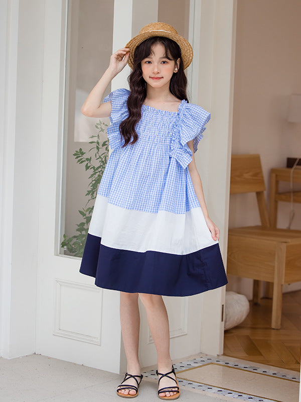 Hot Selling Summer Kids Girls French Style Color Patchwork Plaid Cotton Sleeveless Dress