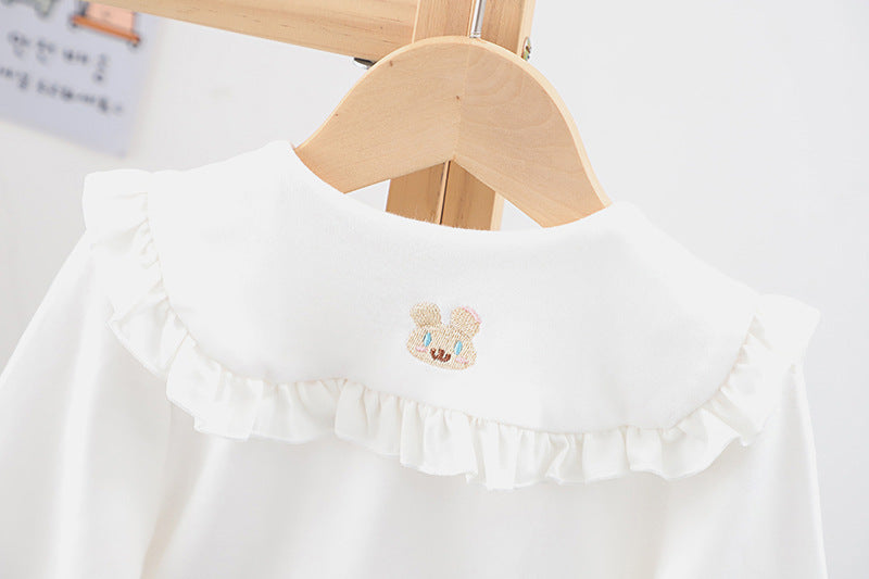 Baby Girl Solid Color Rabbit Print Single Breasted Design Doll-Neck Long-Slleved Shirt