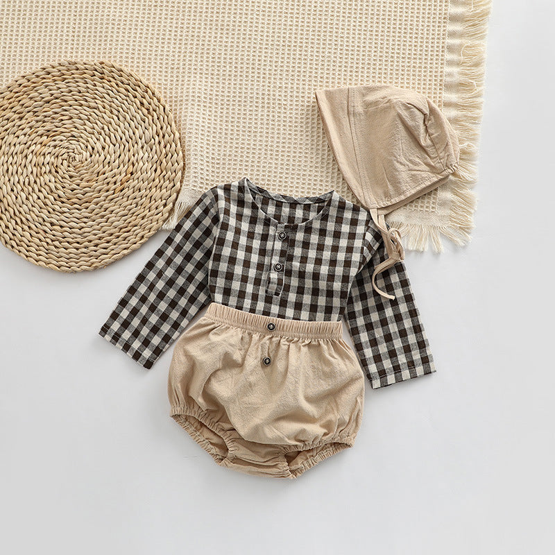 Baby Plaid Graphic Tops And Solid Shorts With Hat 1Pieces Sets