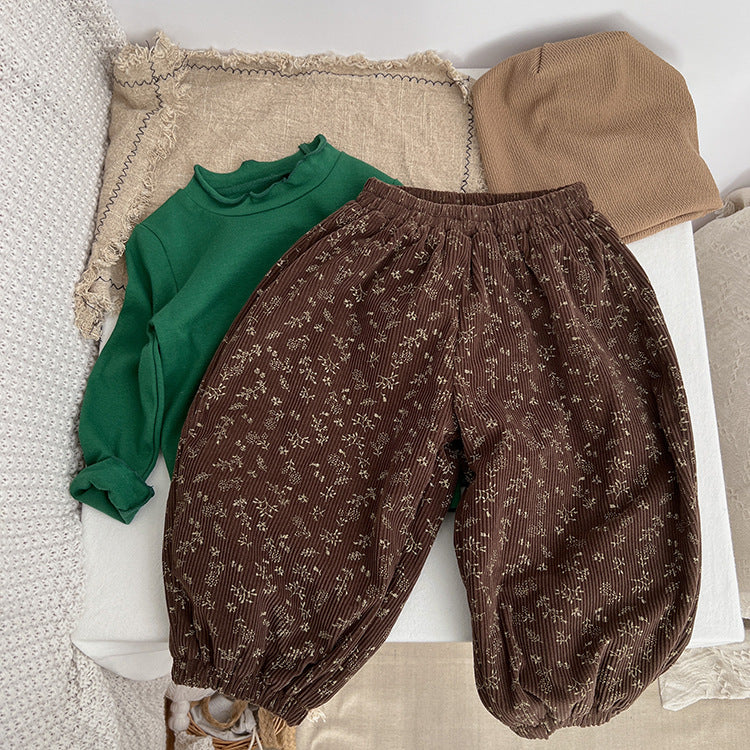 Baby Girl Ditsy Flower Pattern Corduroy Fabric Loose Thickened Pants In Winter