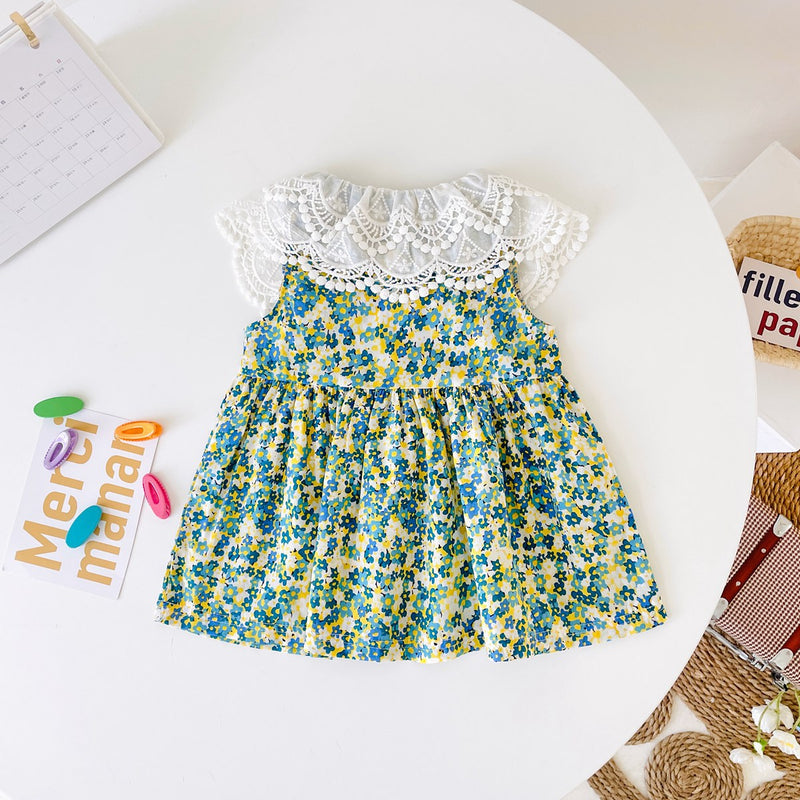 Baby Girl Floral Print Lace Patchwork Design O-Neck Dress