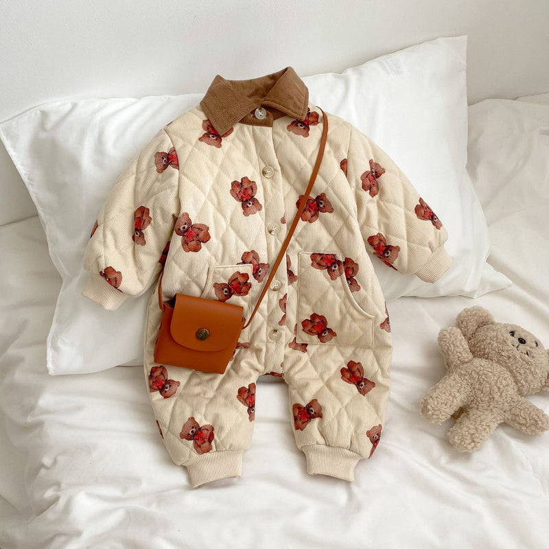 Baby Cartoon Bear Graphic Cute Style Quilted Warm Long Sleeve Dress & Jumpsuit