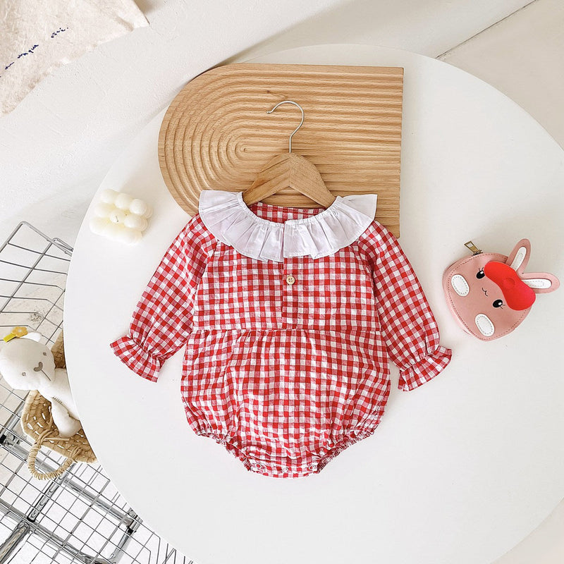 Baby Girl Plaid Pattern Ruffle Neck Design Triangle Sweet Onesies