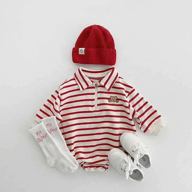 Baby Striped & Cartoon Patched Graphic Polo Neck Long Sleeves Bodysuit Onesies