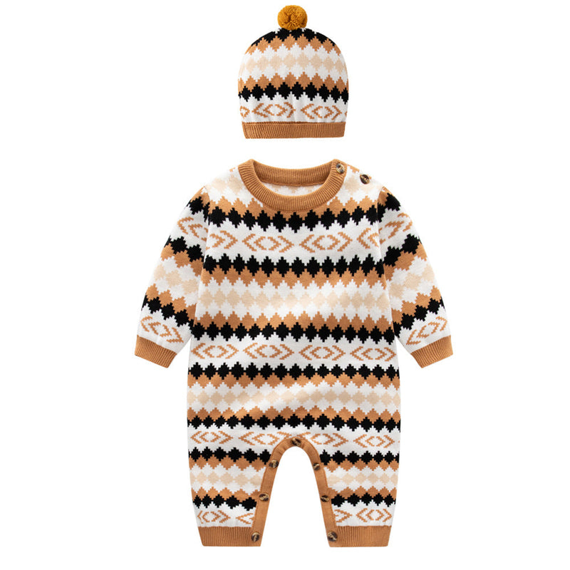 Baby Geometric Embroidered Pattern Long Sleeve Knitted Romper Jumpsuit