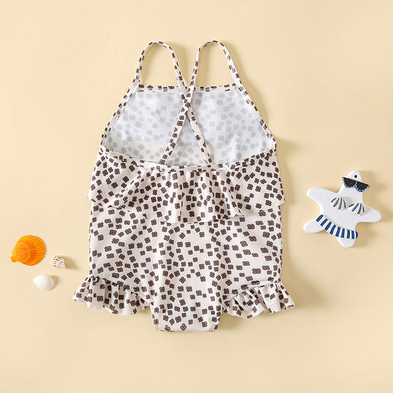 Baby Girl Floral Print Pattern Lace Design Sling Swimsuit Onesies In Summer