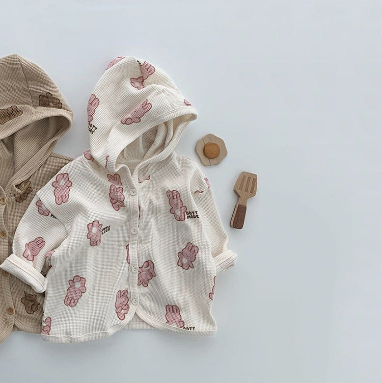 Baby Waffle Fabric Cartoon Bear Print Single Breasted Design Cardigan With Hat