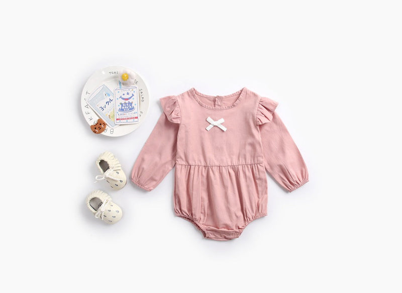 Baby Girl Solid Color Bow Patched Design Little Butterfly Sleeves Bodysuit