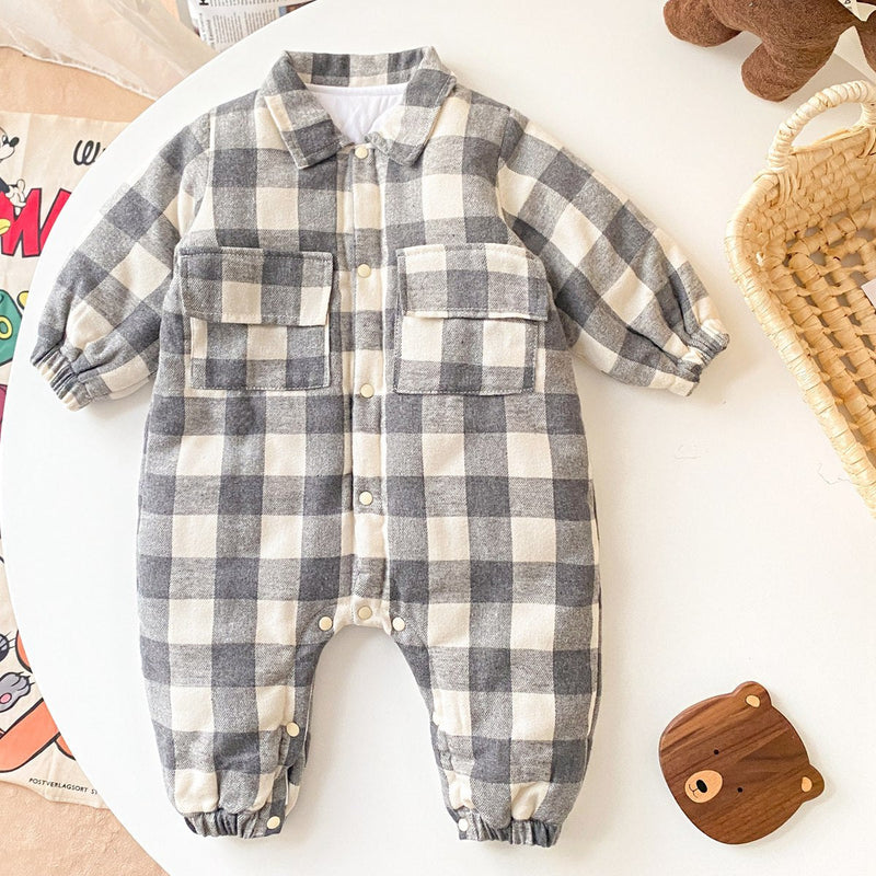 Baby Boy Plaid Pattern Snap Button Front Long-sleeved Thick Rompers