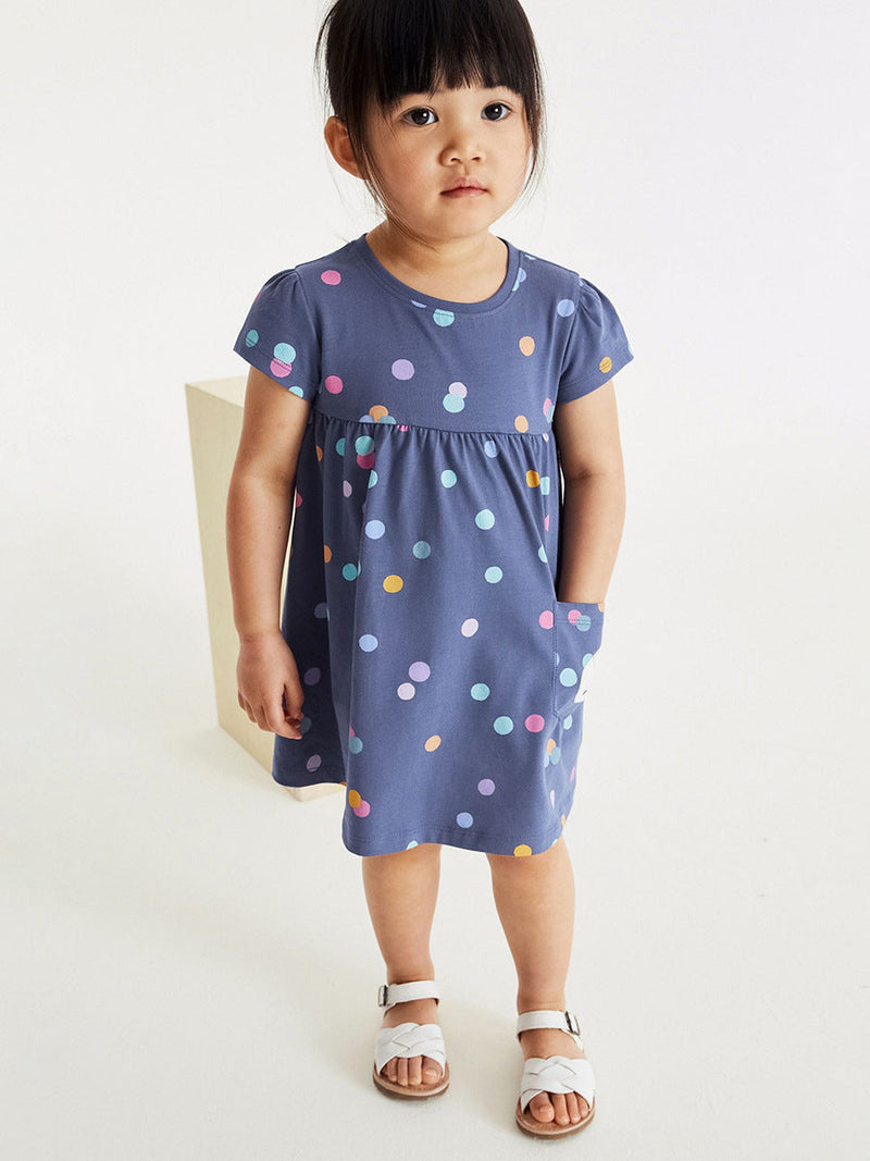 Spring And Summer Baby Girls Short Sleeves Polka Dots Dress With Unicorn Pocket