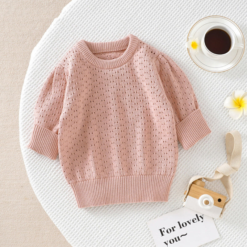 Baby Girl Solid Color Hollow Carved Design Cotton Sweater