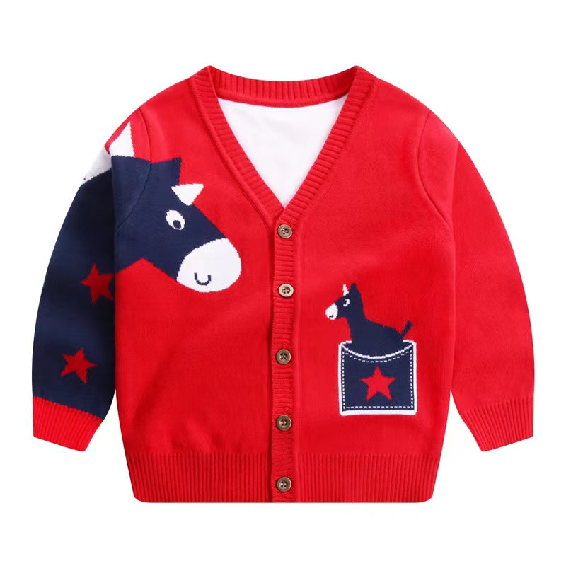 Baby Boy Cartoon Animal Embroidered Pattern Button Front V-Neck Cardigan