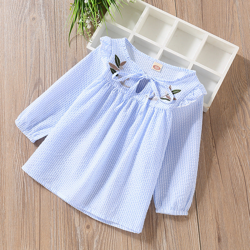 Baby Girl Embroidery Pattern Bow Tie Design Striped Long Sleeve T-Shirt