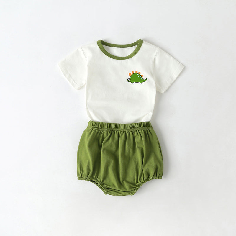 Baby Cartoon Dinosaur Pattern Contrast Neck Tee Combo Solid Shorts Sets