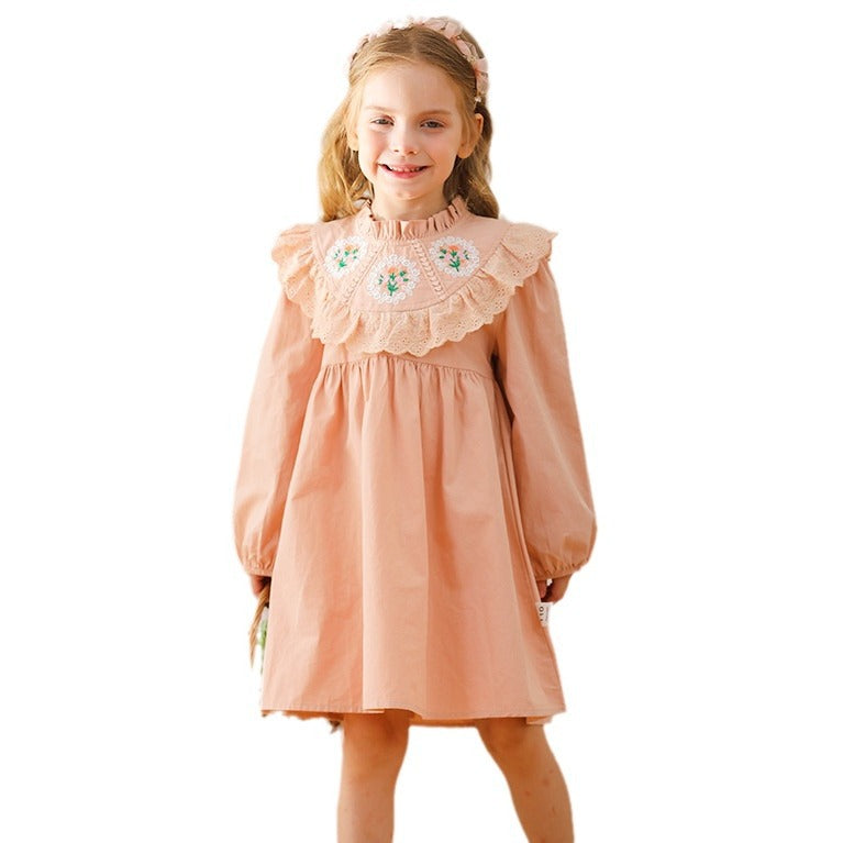 Design Autumn Girls Flower Embroidery Ruffle Neck Long Sleeves French Style Dress