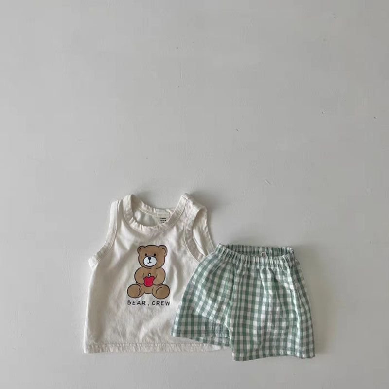 Baby Bear Print Pattern Tops With Plaid Shorts Sets