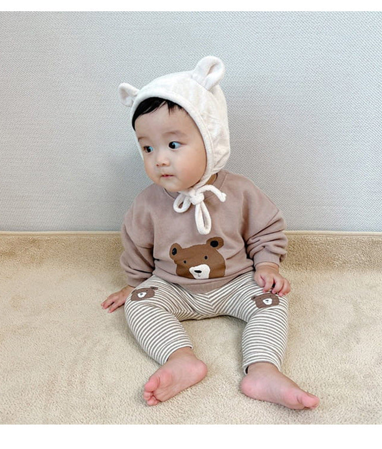 Baby Cartoon Bear Pattern Solid Color Or Striped Design Cotton Pants