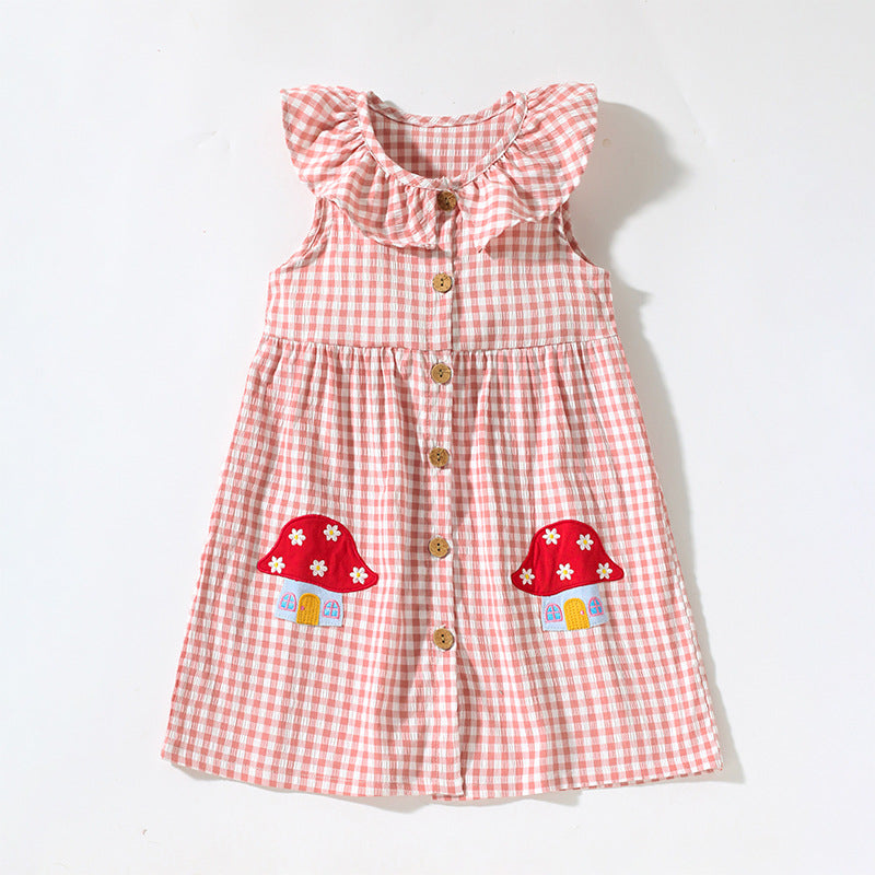 Summer Girls Sleeveless Plaid Mushroom House Cartoon Pattern Dress