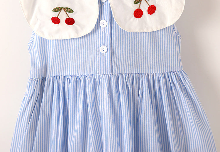 Baby Girl Cherry Embroidery Pattern Color Blocking Lapel Design Sleeveless Dress