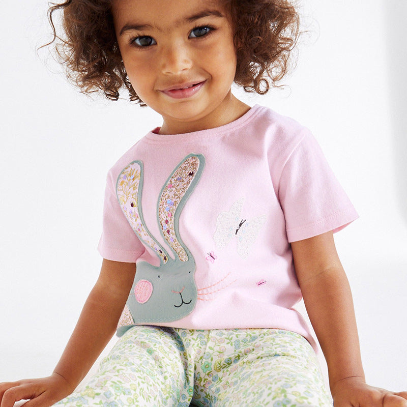 Baby Girls Kids Floral Rabbit Cartoon Pattern T-Shirt And Pants Two-Piece Set