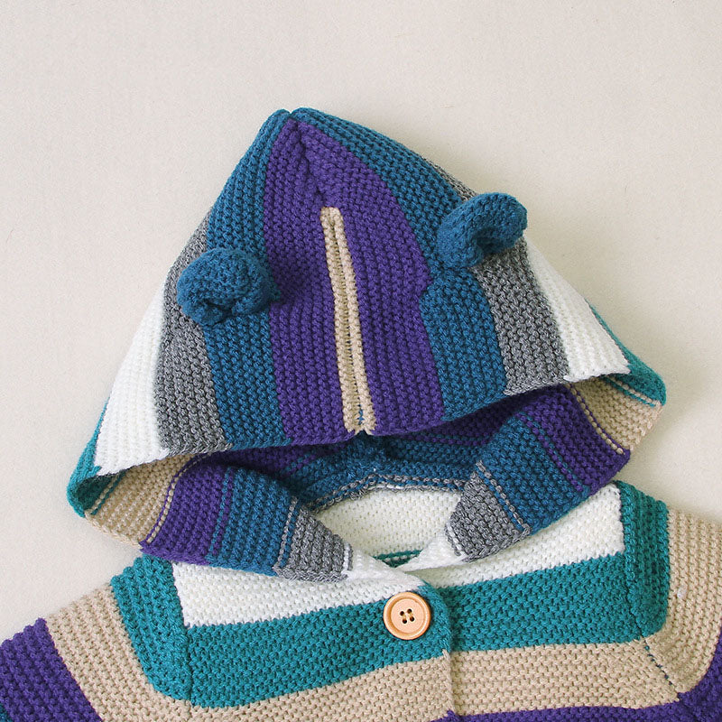 Baby Colorful Striped Pattern Button Front Knitted Cardigan With Hat