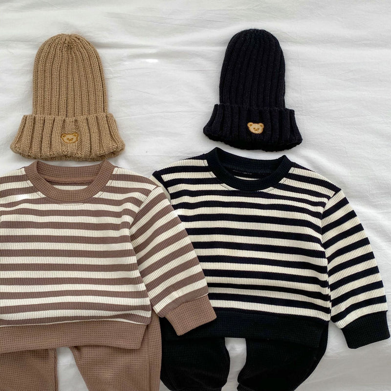 Baby Striped Pattern Waffle Fabric Hoodies Combo Pants Sets