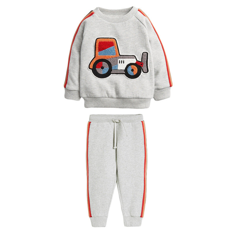 Baby Boy Cartoon Truck Pattern Side Striped Design Hoodie & Trousers Warm Sets