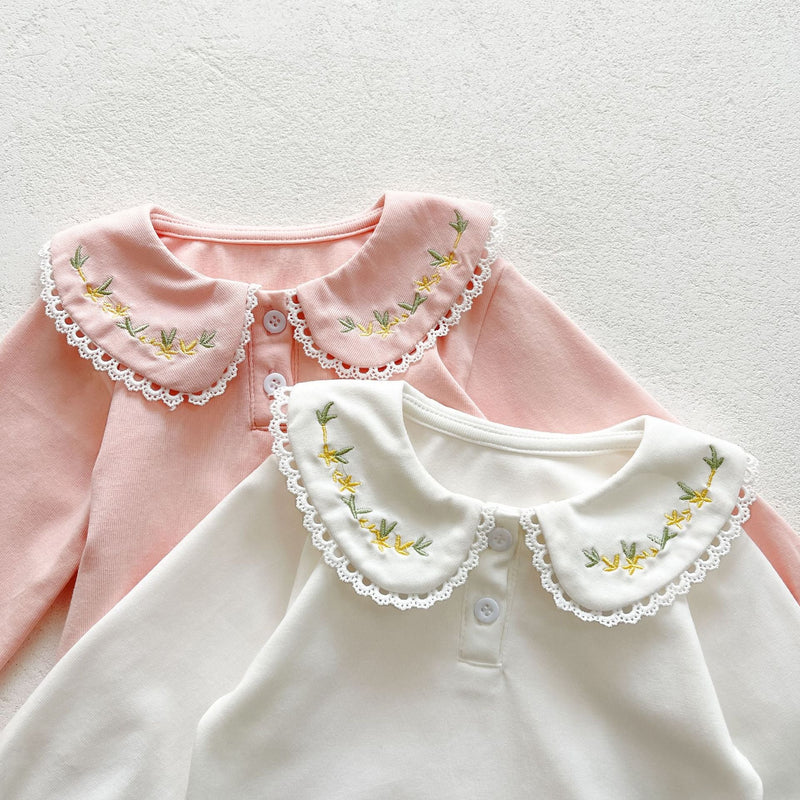 Baby Girl Solid Embroidered Floral Collar Top