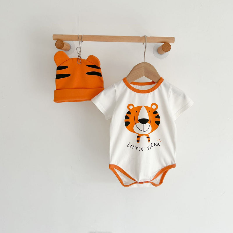 Baby Girl Cartoon Animal Print Round Collar Short-Sleeved Onesies