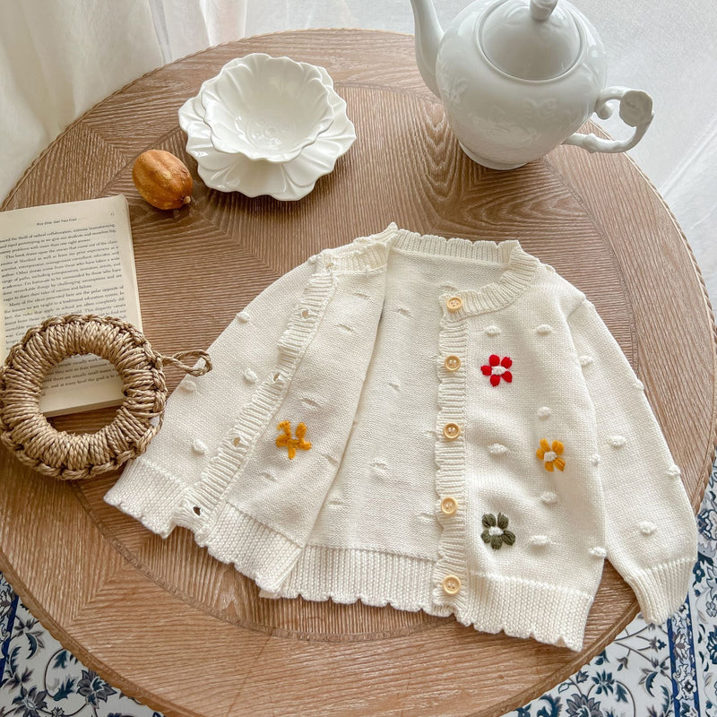 Baby Girl Flower Embroidered Graphic Single Breasted Design Knit Cardigan