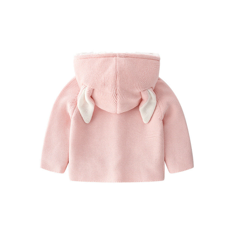 Baby Solid Color Bunny Ear Patched Hat Design Button Front Knitted Sweater Cardigan