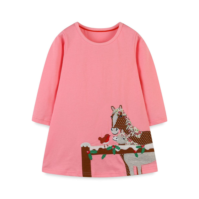 Girls’ Cartoon Pattern Embroidery Crew Neck Dress