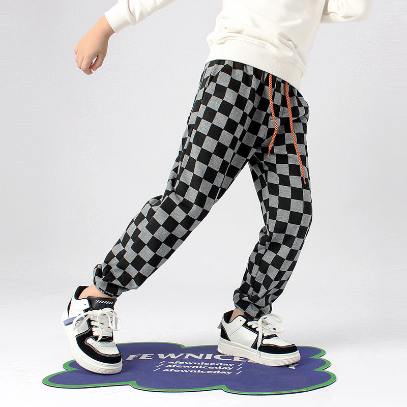 Baby Boy Checkerboard Print Pattern Fleece Thickened Pants