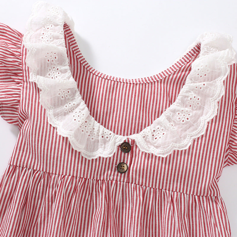 Spring And Summer Baby Girls Ruffle Collar Short Sleeves Striped Dress