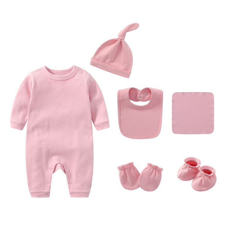 Newborn Solid Color Romper Hat, Bib, Gloves, Footwear, Square Scarf Sets