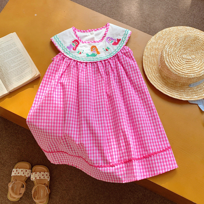 New Design Summer Baby Kids Girls Plaid Sleeveless Mermaid Embroidery Collar Dress