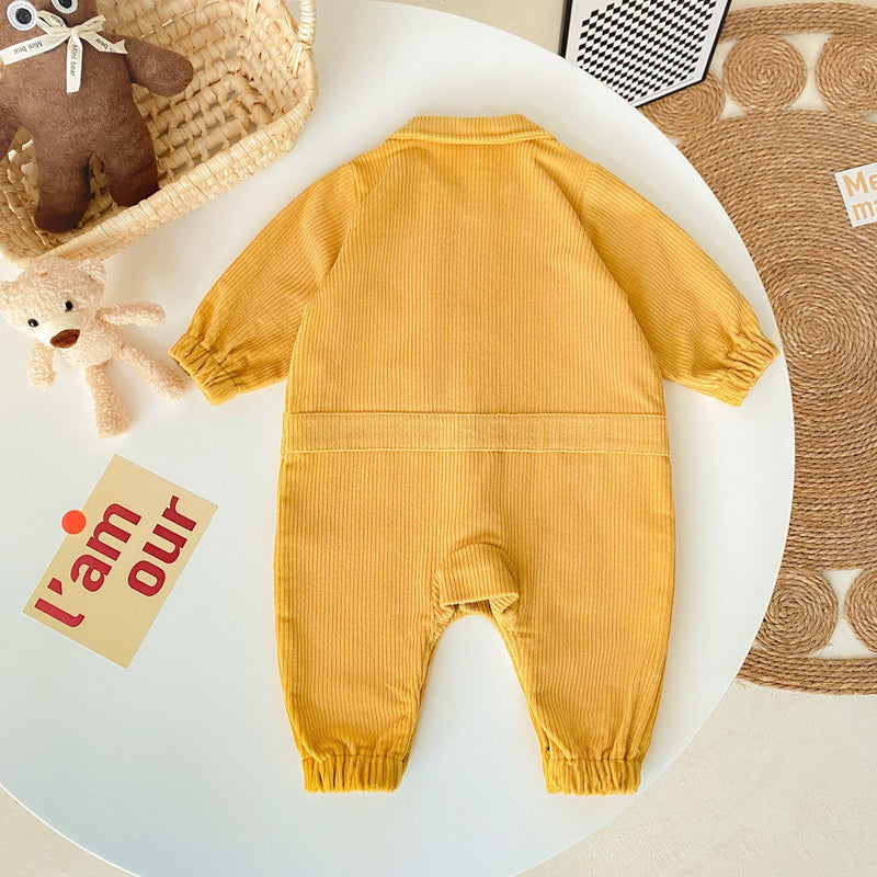 Baby 3D Cartoon Bear Patched Design Corduroy Fabric Button Front Romper