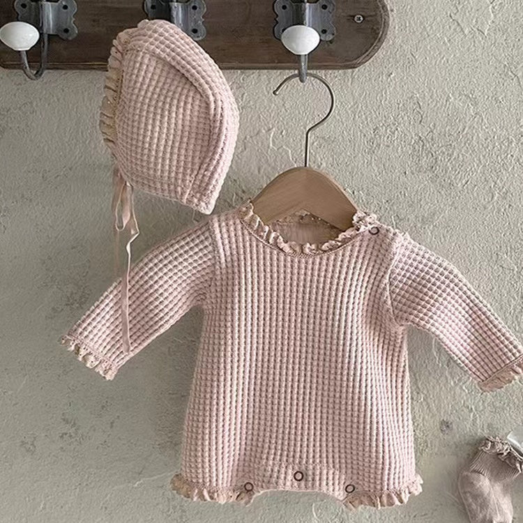 Baby Girl Solid Color Waffle Pattern Lace Design Long Sleeves Triangle Bodysuit