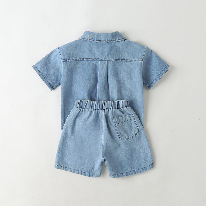 Baby Solid Color Butoon Front Denim Shirt Combo Shorts Sets In Summer