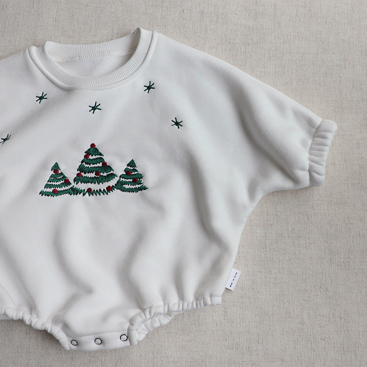 Baby Christmas Tree Embroidered Pattern Long Sleeve Fleece Winter Onesies