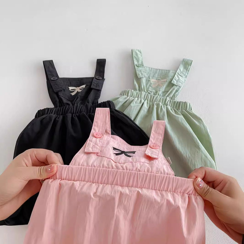 New Arrival Summer Baby Kids Girls Bow Embroidery Pattern Simple Overalls Design Dress And T-Shirt – Sister Matching Set