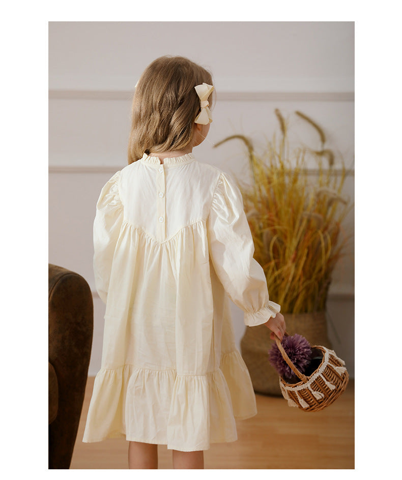 Hot Selling French Style Autumn Girls Flowers Embroidery Pattern Long Sleeves Pleated Dress