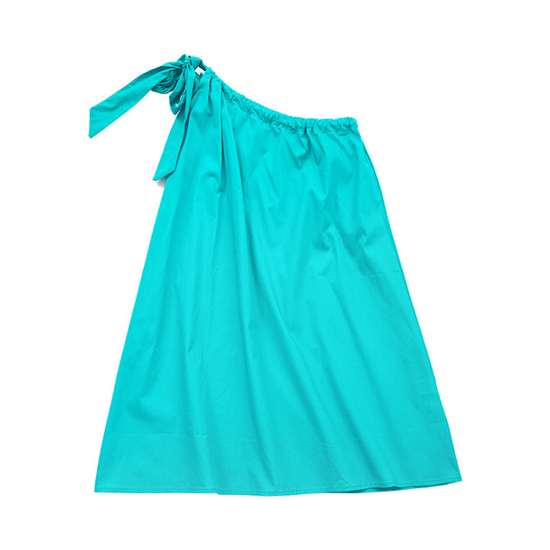 Girl Solid Color Single Shoulder Sling Design Vacation Dress