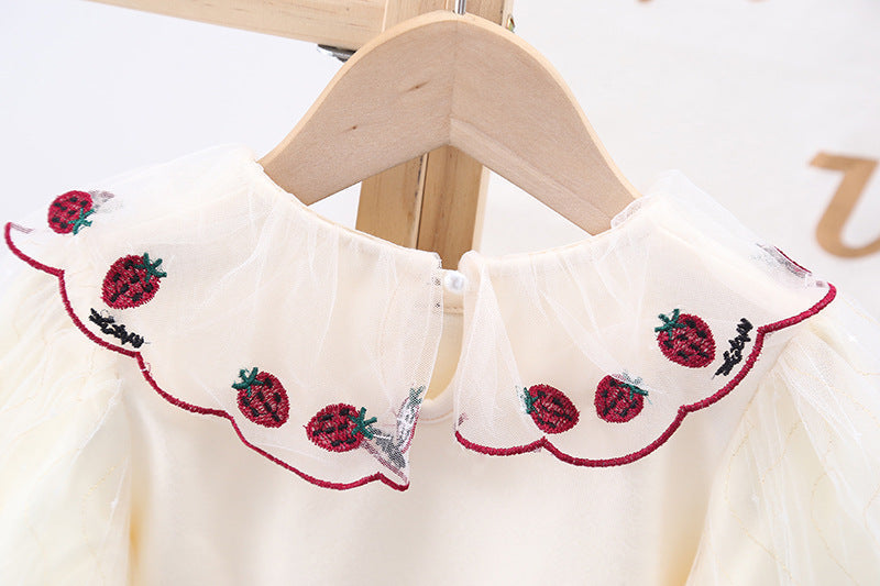 Baby Girl Strawberries Embroidered Graphic Doll Neck Puff Sleeves Bow Patched Shirt