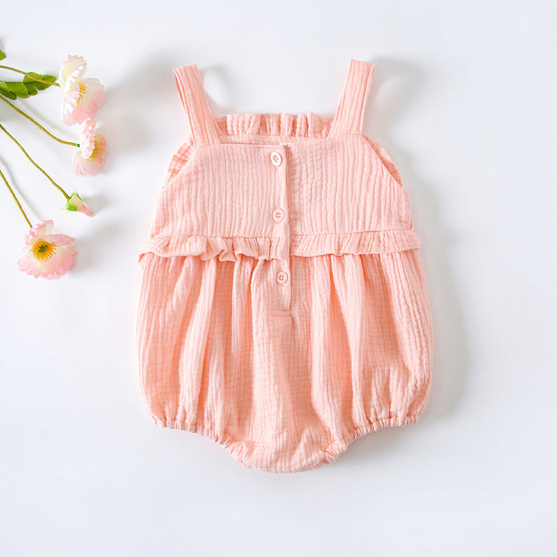 Baby Girl Floral Embroidered Pattern Lace Design Solid Color Sleeveless Onesies In Summer