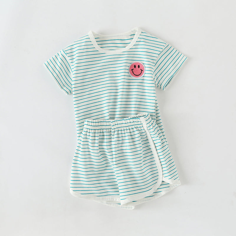 Baby Smiley Patched Pattern Striped Graphic Tee Combo Shorts Sets